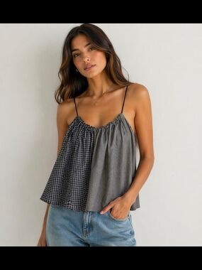 Helmut Lang Women's Black & Gray Two-Tone Smocked Spaghetti Strap Top